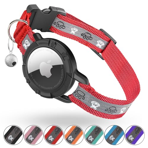 Reflective AirTag Cat Collar, Integrated Cat Tracker Collar with Air Tag Holder and Bell, Safety Elastic Band Cat GPS Collars for Girl Boy Cats, Kittens and Puppies (Red, XS) - color: Red, size: XS(7"-9")