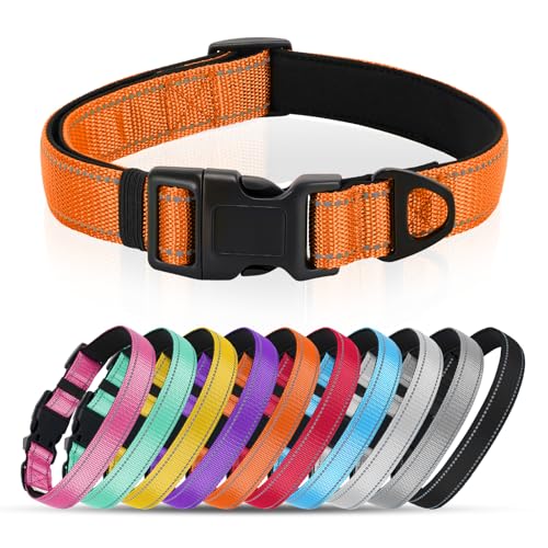 Reflective Dog Collar with Quick Release Buckle - Metal Ring - Adjustable Soft Neoprene Padded Basic Dog Collar for Small Medium Large Dogs (Orange, Large :Width 1",Neck 15.7-23.6") - color: Orange, size: Large