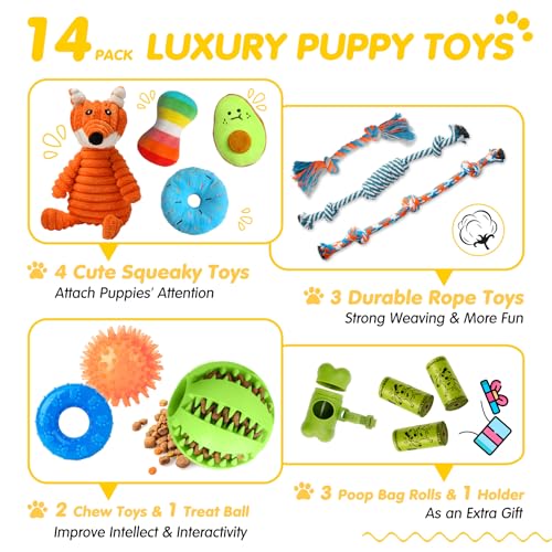 Zeaxuie 14 Pack Puppy Toys for Teething Small Dogs, Puppy Chew Toys with Cute Squeaky Dog Toys, Ball and More Rope Dog Chew Toys - color: 14 Pack (Stuffing-Fox)