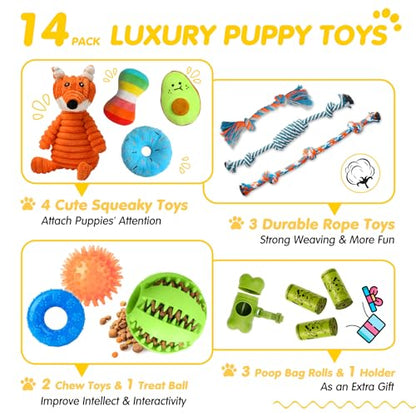 Zeaxuie 14 Pack Puppy Toys for Teething Small Dogs, Puppy Chew Toys with Cute Squeaky Dog Toys, Ball and More Rope Dog Chew Toys - color: 14 Pack (Stuffing-Fox)