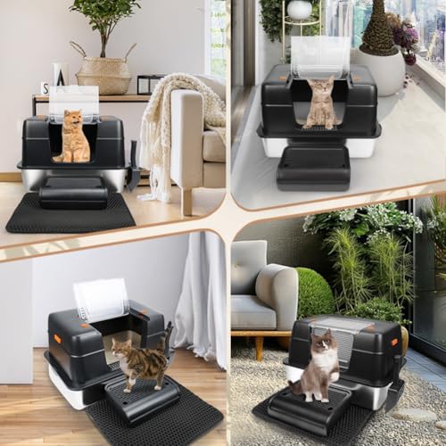 Vivifying Stainless Steel Litter Box, XL Side Entry Extra Large Litter Box with Lid for Big Cats & Kitty, Removable Enclosed Metal Cat Pan with High Sided Enclosure, Scoop (Black) - color: Black