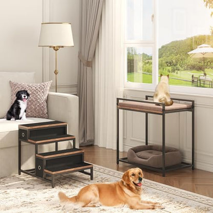 Saudism Pet Bunk Bed with Removable Stairs and 2 Drawers, Dogs/Cats Window Perch, Dog Window Seat with Soft Cushion, Ultra-Shallow Steps, Sturdy Metal Frame, Non-Slip, Load Capacity 60 LBS, Brown - color: Brown+Black