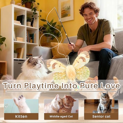 Walfront Interactive Cat Wand Toy with Butterfly, Telescopic Fishing Rod Design, Realistic and Lively for Indoor Cats and Kittens, Fun for Multi-Cat Households and Engaging Daily Play