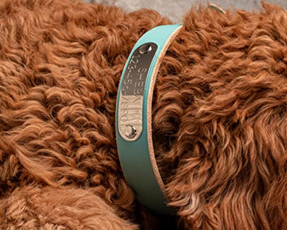 Handmade Personalized Bridle Leather Dog Collar, Engraved Stainless Steel Nameplate (Robin's Egg Blue) - color: Robin's Egg Blue