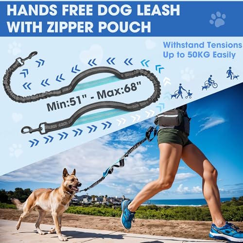 Hands Free Dog Leash with Waist Belt – No-Pull Bungee, Dual Padded Handles & Zipper Pouch for Running, Walking & Training – Adjustable Waist Leash for Large & Medium Dogs (Black) - color: Black