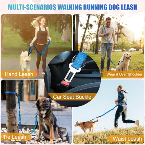 Heavy Duty Hands Free Dog Leash, 5-7 FT Reflective Adjustable Waist Dog Leash Belt with Padded Handles, Shock Absorbing Bungee and Car Seat Belt for Large Medium Dogs (Gradient Cobalt, XL) - color: Gradient Cobalt