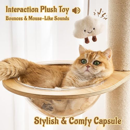 64.2" Modern Cat Tree for Indoor Cats, Solid Wood Cat Tower with Chunky Scratching Posts, 20" Roomy Condo, Cat Bed, Hammock, Capsule Nest, Interactive Squeaky Toy, Multi-Level Cat Furniture - color: 64.2"Natural