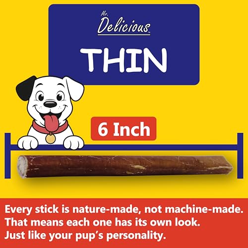 Bully Sticks for Dogs, 10 Count, 6 Inch Thin, Consistent Thickness, All Natural, Grass Fed, Rawhide-Free, Single Ingredient, Long Lasting Dog Chews