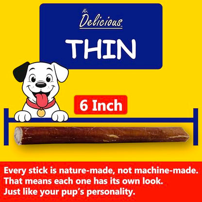 Bully Sticks for Dogs, 10 Count, 6 Inch Thin, Consistent Thickness, All Natural, Grass Fed, Rawhide-Free, Single Ingredient, Long Lasting Dog Chews