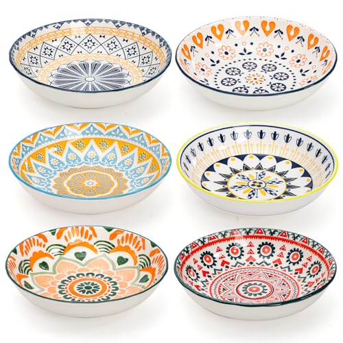 Foraineam 6 Pack 5.5 inch Wide Shallow Cat Food Bowl Set Ceramic Cat Bowls, 8oz Whisker Friendly Cat Dishes, Colorful Kitten Feeding Bowls for Food and Water, Microwave and Dishwasher Safe