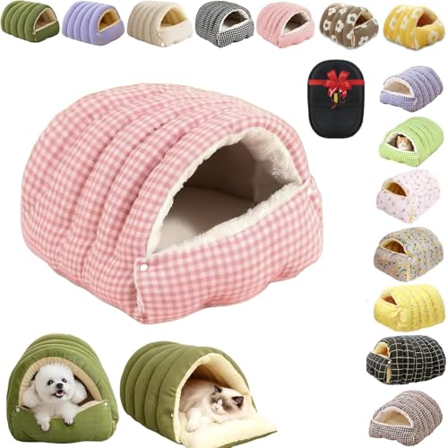Removable and Washable Winter Closed-Off Cat Bed, Cutypet Winter Cave, Warm Foldable Secure Pet Nest for Indoor Cats & Small Dogs, Comfor Plush Snuggle Hut for Kitty, Puppy, Pets (Linen-Pink,M) - color: Linen-Pink, size: M
