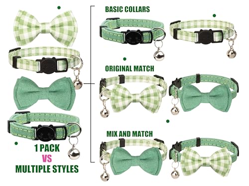 Cat Collar Breakaway Bowtie Safety with Bell Adjustbale Kitten Puppy Solid Plaid Color Set J-[2pcs] Green - color: J-[2pcs] Green