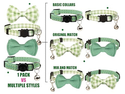 Cat Collar Breakaway Bowtie Safety with Bell Adjustbale Kitten Puppy Solid Plaid Color Set J-[2pcs] Green - color: J-[2pcs] Green