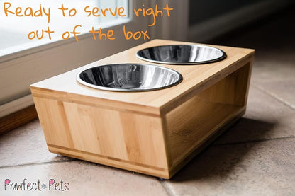 4" Tall Elevated Dog Bowls for Small Dogs, Food and Water Bowl Set by Pawfect Pets (Natural Bamboo) - color: Bamboo