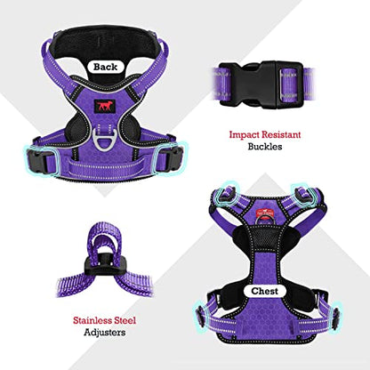 Tuff Pupper No Pull Easy Walk Dog Harness | Heavy Duty Pet Vest | Front & Back Leash Clips | Strong Safety Handle | Reflective Anti Pull Vest | Comfortable Padded Escape Proof Harness(Medium, Purple) - color: Purple, size: Medium (Neck: 15-23" , Chest: 18