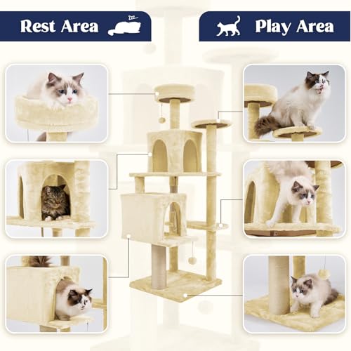 58.5inch Large Cat Tree Tower Condo for Indoor Cats, Soft Plush Multi-Level Climbing Tree Cat House, Scratching Post, More Entrance/Exit, Sisal Rope, Beige Almond - color: Beige Almond