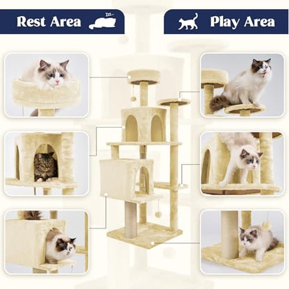 58.5inch Large Cat Tree Tower Condo for Indoor Cats, Soft Plush Multi-Level Climbing Tree Cat House, Scratching Post, More Entrance/Exit, Sisal Rope, Beige Almond - color: Beige Almond