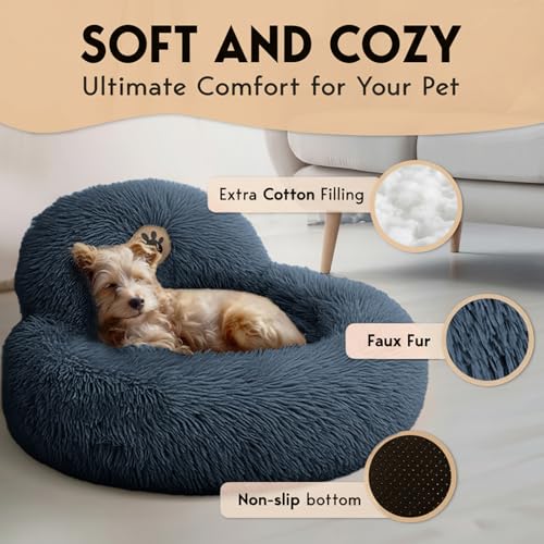 PetJett Small Dog Bed - 23'' Round Dog Beds, Calming Puppy Bed - Washable Dog Bed - Anti-Slip, Super Soft Fluffy Plush Faux Fur Pet Bed, Anti-Anxiety Premium Comfort Donut Bed, Fits Dogs Upto 25 lbs - color: Dark Gray, size: Small - 23”L x 23”W x 8”Th
