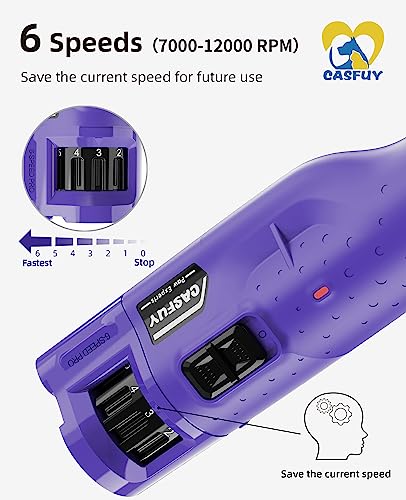 Casfuy Dog Nail Grinder Quiet - (45db) 6-Speed Pet Nail Grinder with 2 LED Lights for Large Medium Small Puppy Dogs/Cats, Professional 3 Ports Rechargeable Electric Dog Nail Trimmer with Dust Cap - color: Purple
