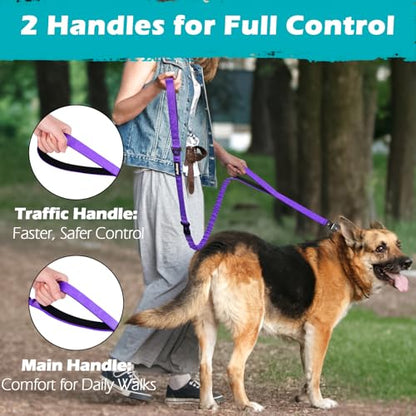 Heavy Duty Tactical Dog Leash, 5 FT Bungee Shock Absorption Leash with 2 Padded Handles, Quick Release Metal Clip, Car Seatbelt, No Pull Training Lead for Large Medium Dogs（Purple） - color: Purple