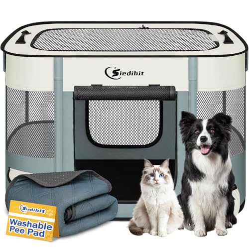 Dog Playpen,Cat Pet Puppy Pen,Portable Playpens for Dogs Indoor Outdoor Travel Camping Use,Foldable Dog Kennel Tent Crate for Rabbit Small Animals with Carrying Case (Grey with Pad, Medium) - color: Grey with Pad, size: Medium