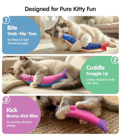 PetBusy Cat Toys with[5000mg A+Natural Catnip &Silvervine] [Baby Grade] Interactive Soft Chew Kicker Cat Toys for Indoor Cats & Kittens, [Crinkle &Bell] Fish Sound Toy, Drives Bored Cat Crazy with Fun - color: Blue+Pink