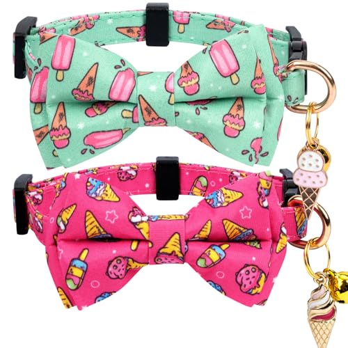 2 Pack Cotton Cat Collar with Bow Tie and Bell for Girl Boy Cats,Cute Pink Flamingo and Blue Whale Pattern Spring Summer Breakaway Cat Collar for Male Female Cats (Ice Cream) - color: Ice Cream