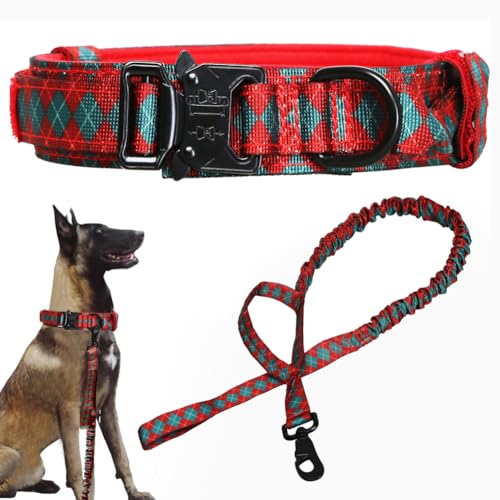Christmas Tactical Dog Collar and Leash Set Adjustable Nylon Collar Dog Training Collar Leash Set with Control Handleand（Christmas Green S - color: Christmas gridset, size: Small (Pack of 1)