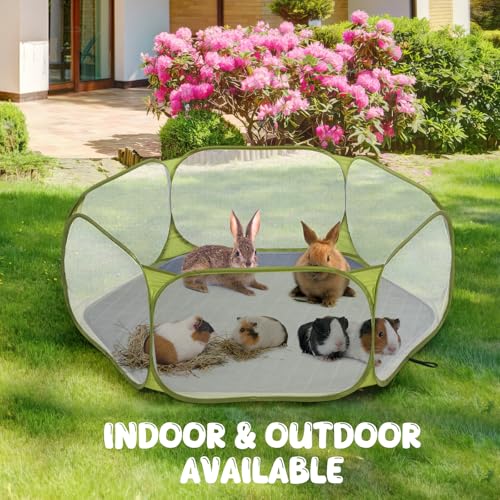 Pawaboo Small Animals Playpen with Pad, Waterproof Small Pet Cage Tent with Reusable Pad, Portable Outdoor Yard Fence for Chick/Kitten/Puppy/Guinea Pig/Rabbits/Chinchillas, Green + Grey - color: Green + Grey