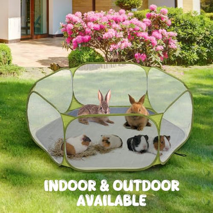 Pawaboo Small Animals Playpen with Pad, Waterproof Small Pet Cage Tent with Reusable Pad, Portable Outdoor Yard Fence for Chick/Kitten/Puppy/Guinea Pig/Rabbits/Chinchillas, Green + Grey - color: Green + Grey