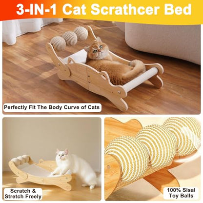 Cat Scratcher Bed, Heavy Duty Sisal Cat Scratching Post with Hammock for Indoor Cats, Natural Wood Cat Lounge for Sleeping & Scratching, Stable Platform for Large Cats, Easy Assembly Cat Furniture