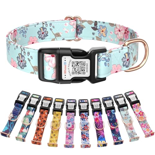Cute Adjustable Dog Collar with QR Code Buckle - Metal Clip & Cotton Webbing Comfort Fit for Small/Puppy/Female Pets - color: Aqua Blossom, size: S