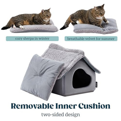 Pelzin Cat Houses for Indoor Cats - Large Cat Cave Bed with Removable Support Foam and Washable 2-Side Mat - Covered Cat Bed for Cat Hideaway - Enclosed Cat Hideout for Kitten and Small Pet, Grey