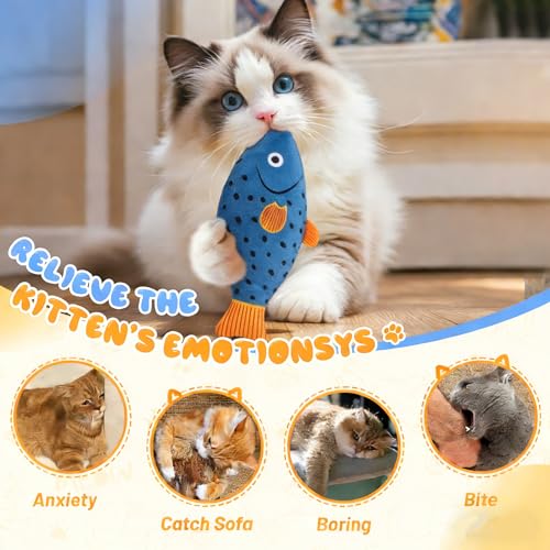 3 Pack Catnip Toys,Interactive Cat Kitten Teething Chew Kicker Toys Natural Catnip Cotton Fish Shape Toys for Bored,Exercise,Anxiety Relief - color: Blue,Orange,Grey