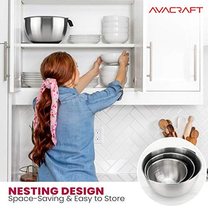 AVACRAFT 18/10 Stainless Steel Mixing Bowls with Lids, non slip silicone base bowls with Handle, Mixing Bowl Set with Pour Spouts & Measurement Marks, Home Essentials Cooking Bowls, (Black) - color: Black
