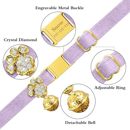 Personalized Breakaway Cat Collars - Magnetic Buckle, Bell - Safety Quick Release, Customized for Girls & Boys Cats- (Velvet-Light Purple) - color: Velvet-Light Purple