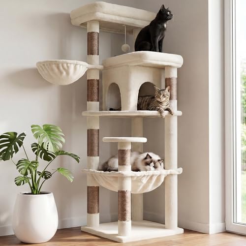 Heybly Cat Tree, 56-Inch Multi-Level Easy Climb Tower for Large Cats, Cat Furniture with 2 Perches, Cozy Hammock, Spacious Condo & Cat Basket, Durable Sisal Scratching Posts, Beige HCT028MJ - color: Beige