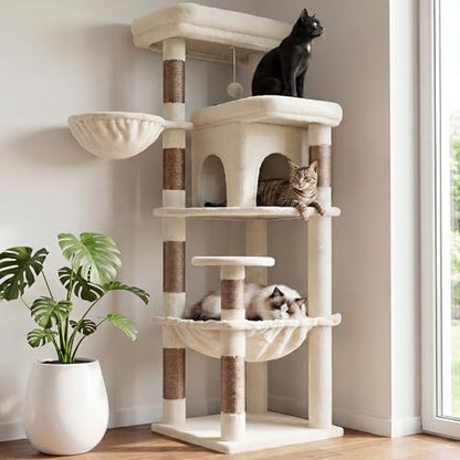Heybly Cat Tree, 56-Inch Multi-Level Easy Climb Tower for Large Cats, Cat Furniture with 2 Perches, Cozy Hammock, Spacious Condo & Cat Basket, Durable Sisal Scratching Posts, Beige HCT028MJ - color: Beige