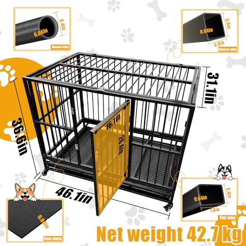 46" Heavy Duty Dog Crates Dog Cage for Large Dogs with Lockable Wheels Removable Tray Escape Proof Dog Cage Dog Kennel Indoor and Outside Suitable for High Anxiety Dogs Double Doors 94.1lbs