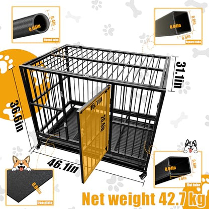 46" Heavy Duty Dog Crates Dog Cage for Large Dogs with Lockable Wheels Removable Tray Escape Proof Dog Cage Dog Kennel Indoor and Outside Suitable for High Anxiety Dogs Double Doors 94.1lbs