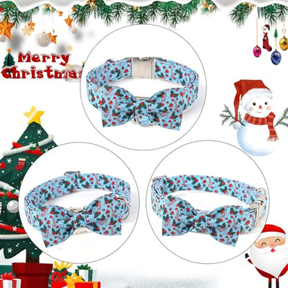 Christmas Dog Collar with Bow Tie - Cute Christmas Cherry & Candy Pattern Blue Puppy Collar, Adjustable Metal Buckle Winter Holiday Bowtie Dog Collars for Small Medium Large Dogs XS - color: B-Blue Xmas Polka Dot, size: XS