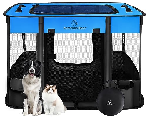 Dog Playpen,Pet Playpen,Foldable Puppy Cat Playpen, Portable Exercise Kennel Tent Crate,Water-Resistant Breathable Shade Cover,Indoor Outdoor Travel Camping Use for Small Animals with Carrying Case(M) - color: Blue, style: Medium (32"x24"x22")