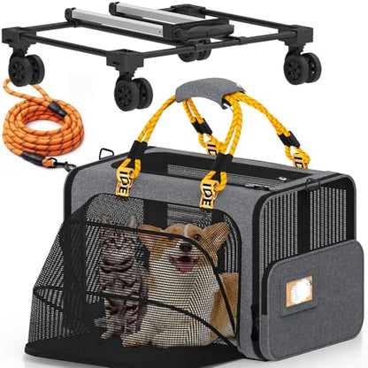 PAWZIDEA Expandable Large Pet Carrier with Wheels, 24x16x16 in Rolling Cat Carrier for 2–4 Cats up 55lb, Soft-Sided Collapsible Small Medium Dog Crate for Car Travel, Telescopic Handle, Storage Pocket - color: Mid-Hemp Gray-Wheels-XL