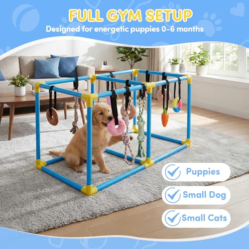 Puppy Play Gym for Small Dogs, Indoor Dog Jungle Gym Activity Center with Stable Frame, Interactive Enrichment Stand for Boredom Relief & Active Play, Includes 12 Toys to Keep Puppies Busy