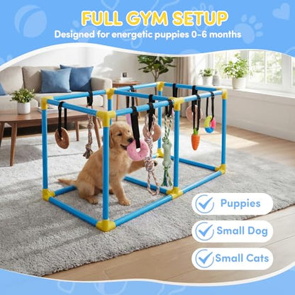 Puppy Play Gym for Small Dogs, Indoor Dog Jungle Gym Activity Center with Stable Frame, Interactive Enrichment Stand for Boredom Relief & Active Play, Includes 12 Toys to Keep Puppies Busy
