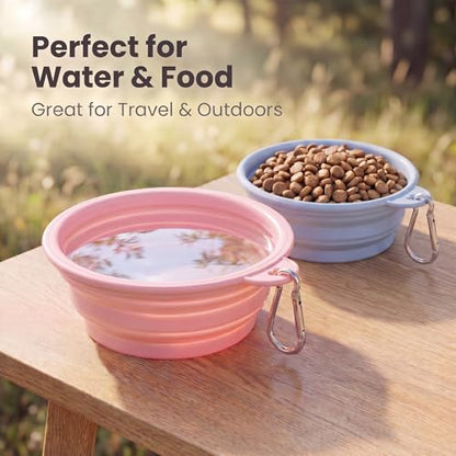 Collapsible Dog Bowls 2-Pack, Portable Travel Dog Bowl with Carabiner, Food-Grade BPA-Free Silicone Pet Food & Water Bowl for Dogs & Cats, Hiking Walking Camping (Pink and Blue) - color: Pink and blue