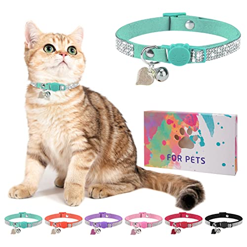 Rhinestone Cat Collar Breakaway with Bell, Diamond Cat Collar with Safety Buckle Quick Release for Girl Boy Small Kitten Pets Puppy,Cute Soft Female Male Cat Collars, Color Pink 7-9" - color: Green (1 Pack), size: 7"-9" For Cats