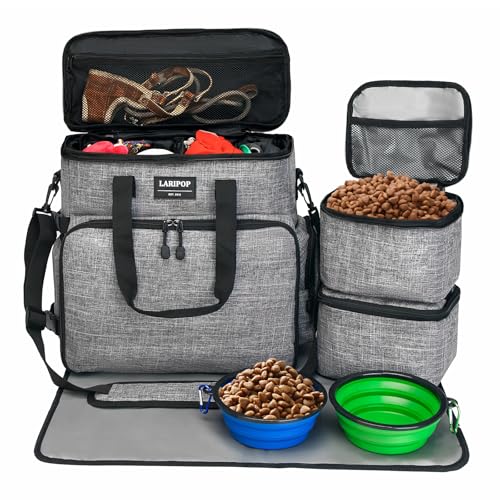 LARIPOP Dog Travel Bag Airline Friendly for Small Medium Large Dogs, Pet Travel Organizer with Collapsible Bowls Food Containers Mat, Waterproof Portable Tote for Dog Outdoor Travel - color: light Gray