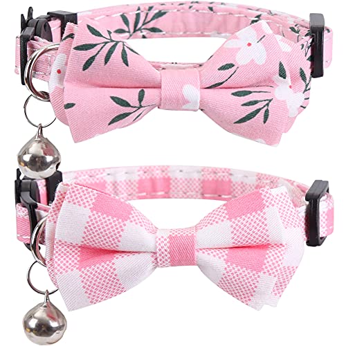 2 Pack/Set Cat Collar Breakaway with Cute Bow Tie and Bell Plaid Flower for Kitty Adjustable Safety - color: Pink-2