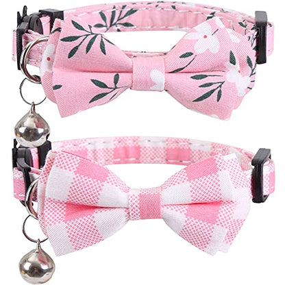 2 Pack/Set Cat Collar Breakaway with Cute Bow Tie and Bell Plaid Flower for Kitty Adjustable Safety - color: Pink-2